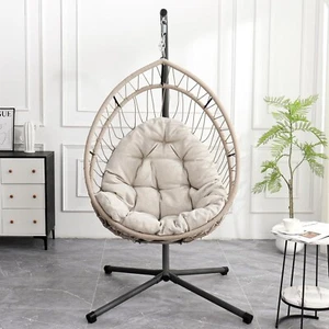 Patio Hanging Egg Chair with Stand Hammock Egg Swing Chair Linen Gray - Picture 1 of 7