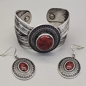 Premier Designs Cuff Bracelet Pierced Dangle Earrings Set Red Chunky Silver Tone - Picture 1 of 14