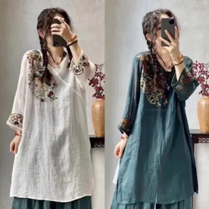 Chinese Lady Top Shirt Embroidered Floral V Neck Casual Hanfu Retro Ethnic Style - Picture 1 of 17