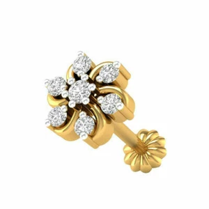 Round Cut Natural Diamond Nose Lip Screw Stud Piercing Pin Solid 14K Yellow Gold - Picture 1 of 5