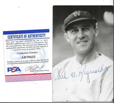 Carl Reynolds Washington Senators Baseball Autographed Postcard Photo PSA COA