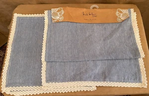 Nicole Miller Home 18" x 80" Table Runner & 4 napkins Blue lace edge cotton - Picture 1 of 6