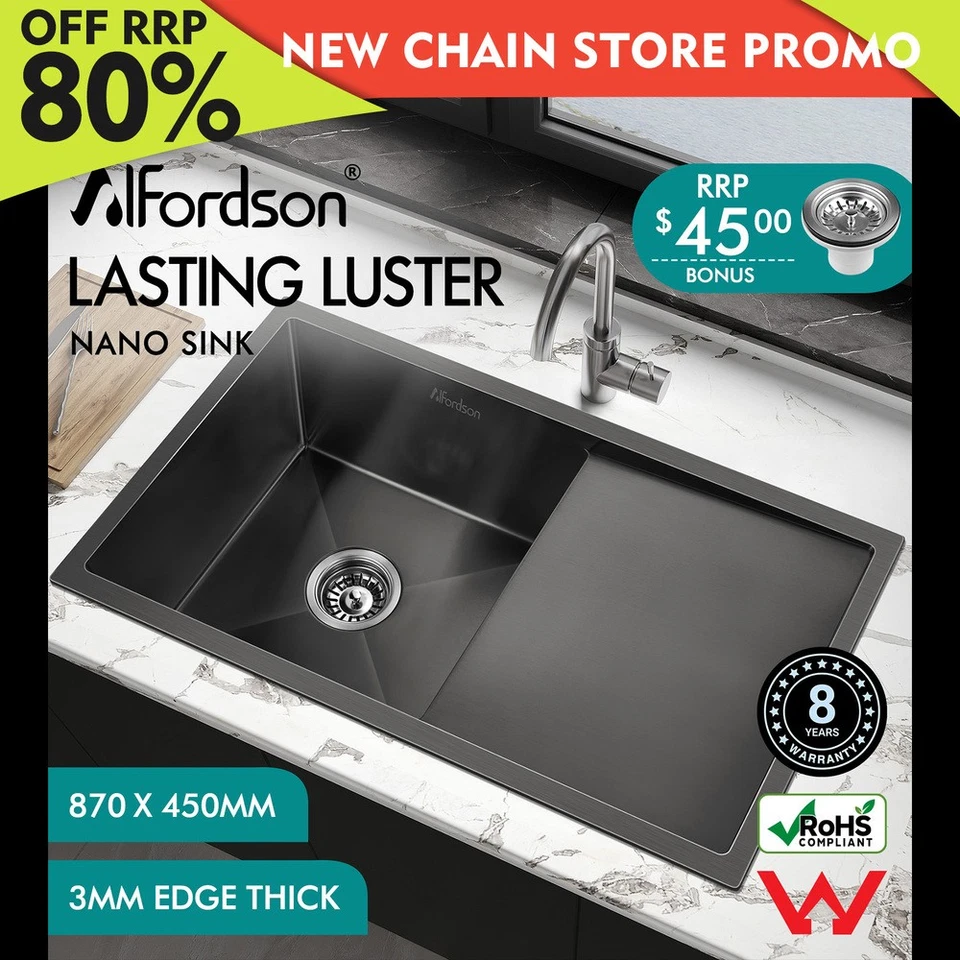 ALFORDSON Kitchen Sink Stainless Steel Drop in Flush Under Mount 870X450MM Black