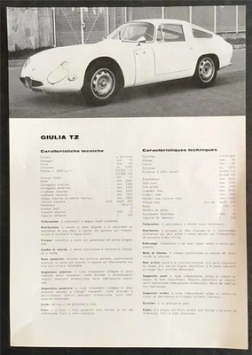 Folheto de especificações de vendas de carros ALFA ROMEO GIULIA TZ dezembro 1964 - Imagem 1 de 2