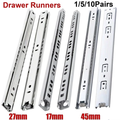 Drawer Runners Grooved Ball Bearing Slides Ball Bearing Rails 17mm/27mm/45mm UK - Image 1 of 4