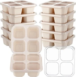 12 Pcs 4 Divided Compartments Snack Containers Bento Wheat Straw Beige - Picture 1 of 7