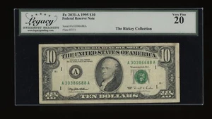DBR 1995 $10 FRN Boston Fr. 2031-A Legacy VF-20 Serial A30386688A - Picture 1 of 2