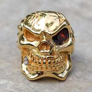 Micron 14K Yellow Gold Red Eye Skull Ring Men's Biker Rocker Gothic New