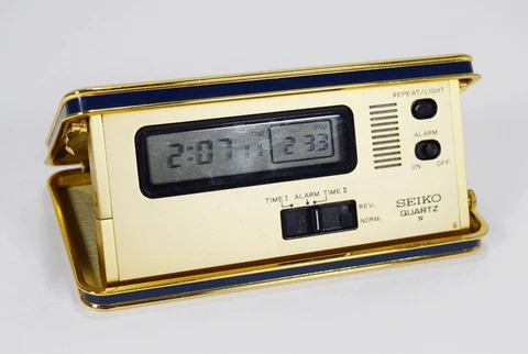 Vintage Seiko Digital Quartz Travel Pocket Alarm Clock Dual Zone Timer Navy Blue Cover