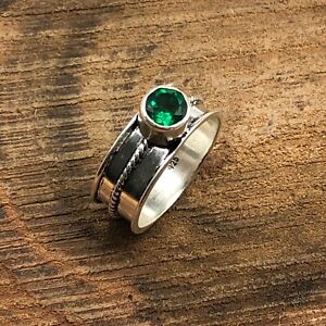 Gift For Her 925 Sterling Silver Natural Green Emerald Gemstone Band Ring
