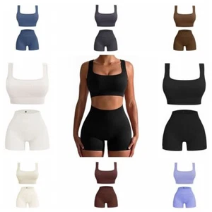 Seamless Ribbed Women Workout Outfits Yoga Leggings Sets Running Fitness - Picture 1 of 14