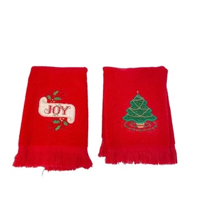 Juego de 2 pares de toallas de mano con flecos bordados alegría árbol de Navidad rojo cañón vintage - Imagen 1 de 9