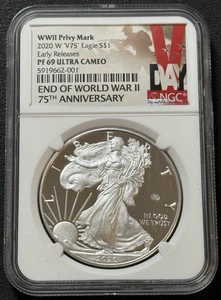 2020-W 1 Oz .999 Silver American Eagle V75 Privy Mark End of WWII NGC PF 69 UCam - Picture 1 of 3
