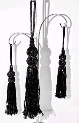 Vtg Black Beaded Tassel Christmas Tree Ornament Lot of 3 Long Ornaments Beads A+ - Image 1 of 4