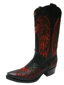 Womens Rodeo Boots Snip Toe Black Red Heart Wings Botas Mujer Size 4.5 - Picture 1 of 5