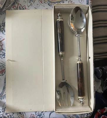 Vintage Pottery Barn Chrome Brown Faux Bone Spoon & Fork Serving Set New in Box - Image 1 of 4