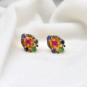 Multi Stone Earring Ruby Emerald Sapphire Stud Pave Diamond Earring For Mother - Picture 1 of 5