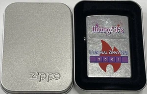 ZIPPO 2001 HOORAY! ITS NATIONAL ZIPPO DAY CHROME LIGHTER UNFIRED IN BOX 845S - Picture 1 of 5