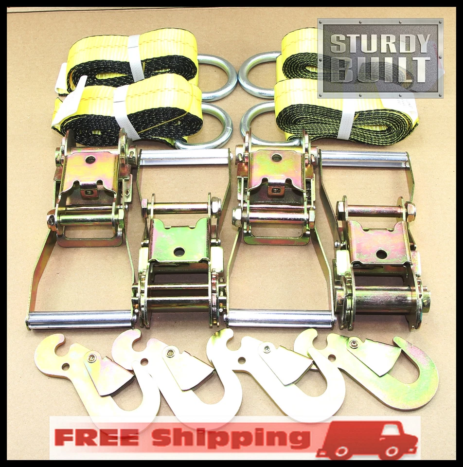 Remolque combo de 18 piezas con correas de lazo elevación de rueda trinquete gancho a presión remolque eje de amarre Foto 1 de 4