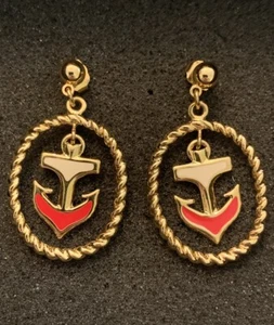 Vintage AVON Nautical Anchor Dangle Gold Tone Drop Earrings - Picture 1 of 4