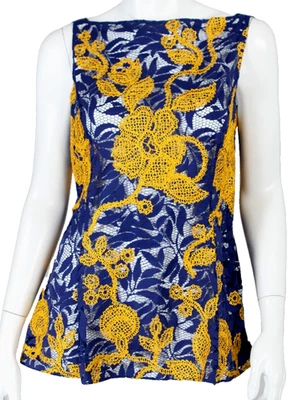 OSCAR DE LA RENTA R16 Navy Blue & Yellow Floral Embroidered Lace Blouse 12 - Image 1 of 4