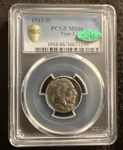 1913-D T-1 5C Buffalo Nickel - PCGS MS-66 CAC - Picture 1 of 4