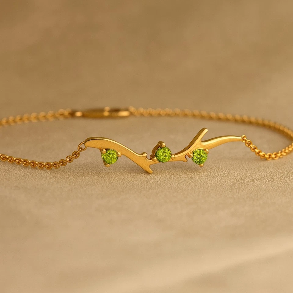 14K Solid Gold Peridot Chain Bracelet – August Birthstone Minimal Jewelry # 1003 - Image 1 of 1