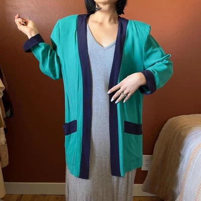 vtg 80s color blocked green open front blazer size 14 made in USA casual - Image 1 of 4