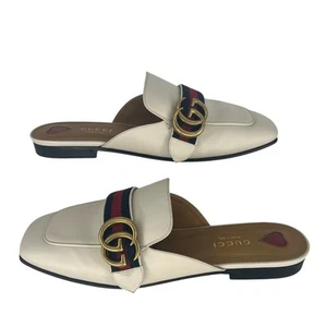 Gucci Peyton Marmont GG Logo Web Stripe Leather Mules in White Size 36.5 - Picture 1 of 15