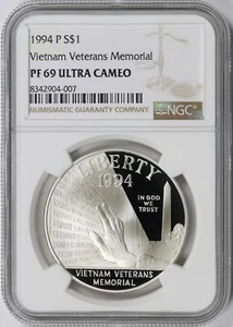1994-P $1 Vietnam Veterans Memorial Silver Dollar NGC PF69 Ultra Cameo - Picture 1 of 4