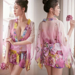 Womens Sexy Japanese Kimono Lingerie Floral Sheer Bathrobe Nightdress Cosplay - Picture 1 of 25