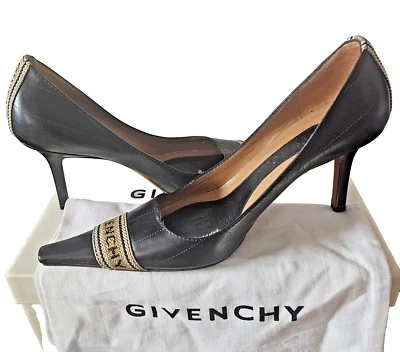 Givenchy Zapatos Tacones Cuero Negro Con Firma Lona Detalles Tiras 38 Italia Foto 1 de 3