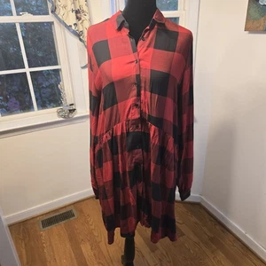 J For Justify rot schwarz kariertes Hemdkleid XL Langarm Knopfleiste Freizeit Herbst - Bild 1 von 7