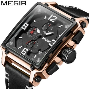 Reloj Megir Cronógrafo Hombre 45mm Tono Dorado Esfera Negra Fecha Cuero Batería Nueva - Imagen 1 de 12