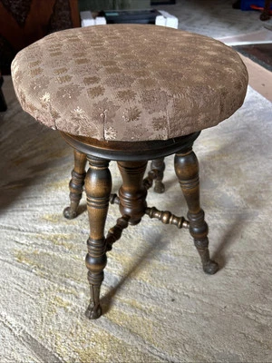 Antique Piano Stool Clawfoot Glass Feet Walnut Round Wood Ornate Upholstered ￼￼ - Image 1 of 4