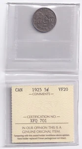 Canada 1925 5c Five Cent Nickel Coin ICCS Graded Very Fine VF 20 - Foto 1 di 2