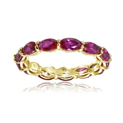 Or Jaune Flash Argent Synthétique Rubis 5x3mm Coupe Ovale Alliance Bague, Size7 - Photo 1/4