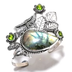 Brazalete ajustable de plata de ley 925 con piedras preciosas de peridoto de labradorita F728 - Imagen 1 de 4
