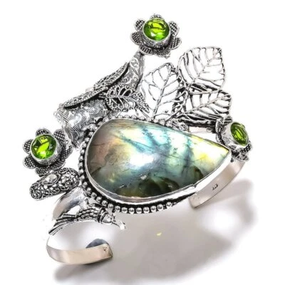 Labradorite, Peridot Gemstone 925 Sterling Silver Cuff Bangle Adjustable F728 - Image 1 of 4