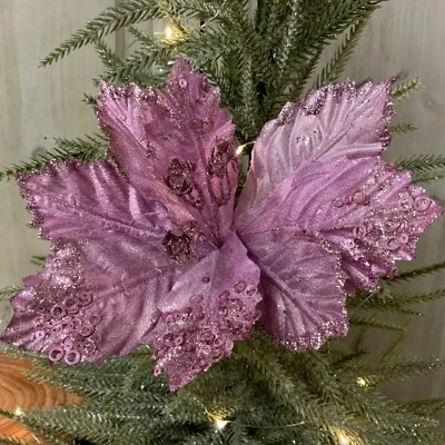 Lilac Fabric Poinsettia Pick Christmas Tree Decoration Flower Gisela Graham - Image 1 of 4
