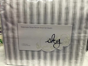 Sky Watercolor Stripe Percale 4 Piece Sheet Set, Size Queen New - Picture 1 of 4