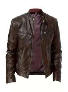 Men's Motorcycle Cafe Racer Retro Real Leather Jacket Brown Biker Sheep Skin - Picture 1 of 4