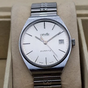 Vintage Corvette Swiss Made Silver Men Quartz Classic Thin Date Wristwatch  - Picture 1 of 9