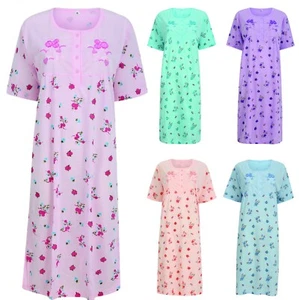 Nightdress Nightie Womens Cotton Blend Ladies Short Sleeve Button Floral Pattern - Picture 1 of 33