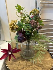 Faux Flower Arrangement in Ribbed Glass Jar Vase Clematis Fern Red