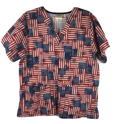 Tafford Scrub Top Womens Medium Short Sleeve American Flag Stars RN72378 0411 - Image 1 of 4