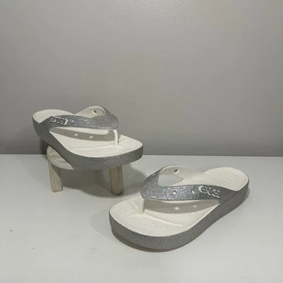Crocs Flip Flops Womens Size 10 Silver Glitter Sandals Slip-on Shoes Charm White - Image 1 of 4