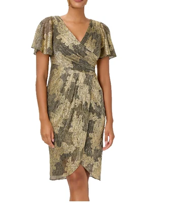 ADRIANNA PAPELL Dress Women's Size 4 Gold Black Metallic Wrap Flutter Sleeve NWT - Image 1 of 4