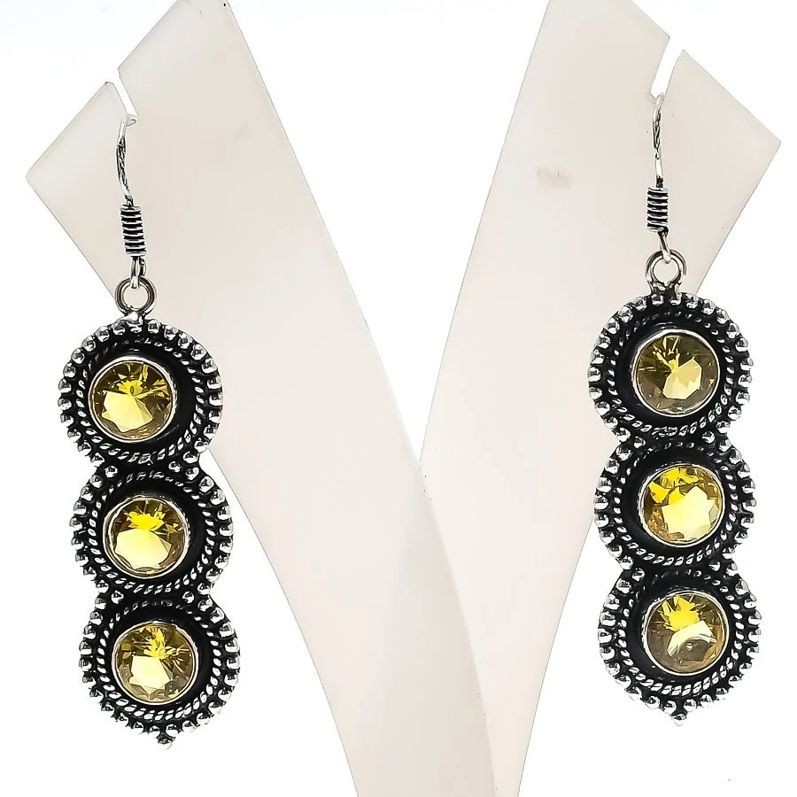 Yellow Citrine Gemstone Handmade 925 Sterling Silver Jewelry Earring Size 2.5" - Image 1 of 1