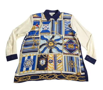 Vintage Diane Gilman Top Womens L Nautical Sailor Print Silk Sequin Button Front - Image 1 of 4